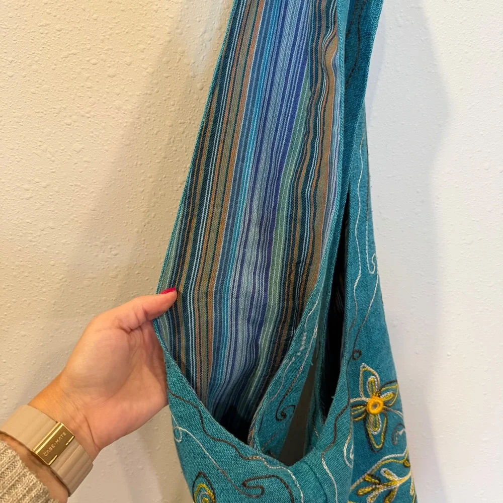 Rising International Hobo Bag Women Teal Embroidered Floral Boho Nepal Hippie